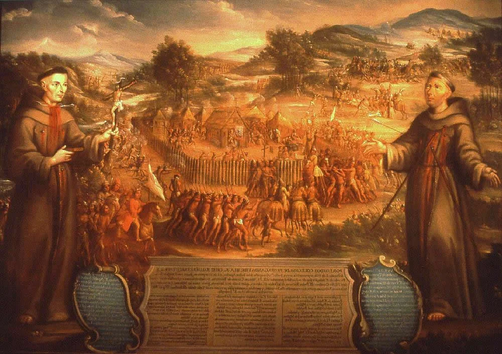 Per [1], this is a mural painted in 1765 that details the destruction of Mission Santa Cruz de San Saba (which occurred in 1758).  The mural was commissioned by Pedro Romero de Terreros, who had sponsored the mission and whose cousin died in the attack. The unsigned mural is attributed to Jose de Paez.  It was titled "The Destruction of Mission San Sabá in the Province of Texas and the Martyrdom of the Fathers Alonso de Terreros, Joseph Santiesteban"
