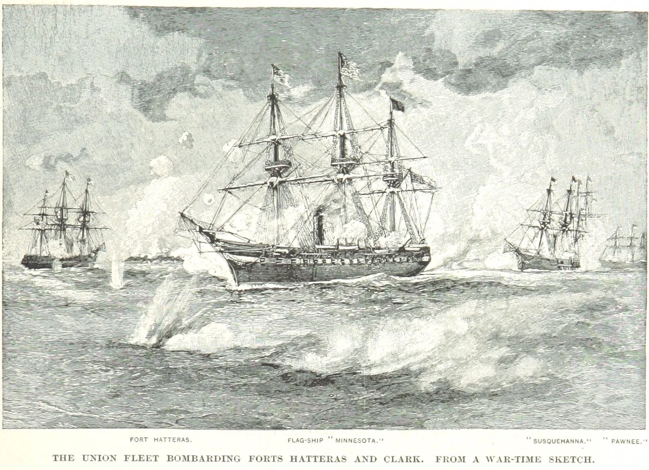 Battle of Hatteras Inlet Batteries:USS Minnesota, USS Susquehanna, USS Pawnee bombard Fort Hatteras