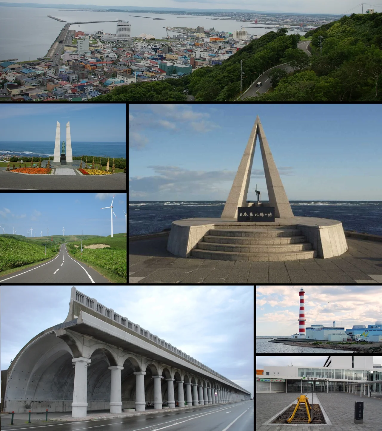 File:Wakkanai harbor.JPG
File:Cape Soya 2007.jpg
File:Hyousetsu no mon.JPG
File:Soya wind farm.JPG
File:防波堤ドーム-01.JPG
File:稚内灯台 - panoramio.jpg
File:Wakkanai Station1.JPG

以上7画像を使用しUser:Halowandが作成